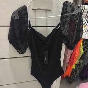 NWT Black Polka Dot Mesh Ruched Puff Sleeve Bodysuit
